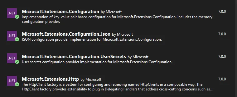 Visual Studio Nuget Package List