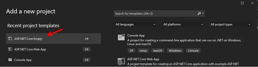 Visual Studio Choose Template Page